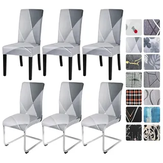 Stuhlhussen Stretch 4er/6er Set Grau Schwingstuhl Bezug abnehmbar waschbar Geometrie 6 Stück