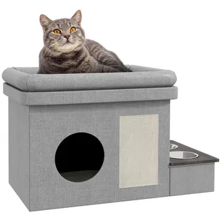 PawHut Katzenhöhle, Katzenhaus, Katzenhütte mit 2 Edelstahlnäpfen, Katzenbett mit Kissen, Kratzmatte, Hundehaus für Katzen und Hunde bis 8 kg, Polyester, 78 x 48 x 49,5 cm,