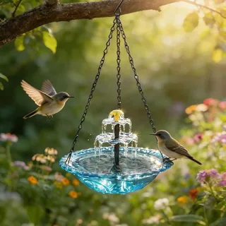 Vogeltränke Hängend mit Solarbrunnen, Solar Vogeltränke Balkon, Vogelbad Garten zum Aufhängen, Wassertränke für Vögel mit Springbrunnen Wasserspiel,Metall Trinkschale Vögel für Garten Hof Outdoor (A)