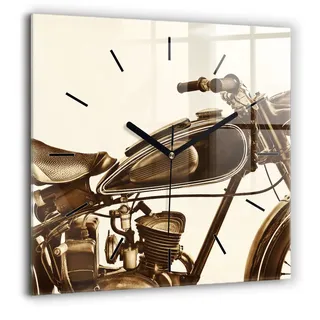 Wallfluent Große Wanduhr – Stilles Quarzuhrwerk - Uhr Dekoration Wohnzimmer Schlafzimmer Küche - Zifferblatt mit Striche - schwarze Zeiger - 60x60 cm - Sepia-Motorrad Vintage - Braun
