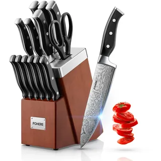 Messerblock, FOHERE Selbstschärfender Messerblock Set, 14-teilige, Edelstahl Messerset mit Block, Profi Küchenmesser Set mit Ergonomischem Griff, Rotbraun