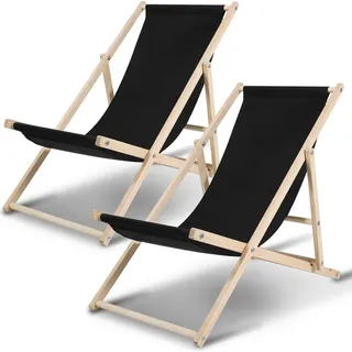 Clanmacy 2X Liegestuhl Gartenstuhl Klappstuhl Kieferholz Holz Klappbar Relax Stoff Deck schwarz - Schwarz