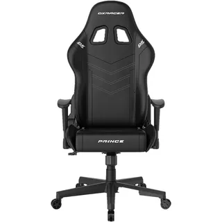 DXRacer Prince L PF132 Gamingstuhl/Bürostuhl mit höhenverstellbaren Armlehnen. Ergonomischer Drehstuhl, Kunstleder schwarz mit weißen Kontrastnähten.