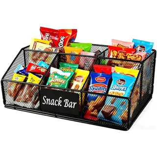 Hynorian Snack Organizer Metall 5 Fächer 32 x 21 x 13 cm Schwarz Küche | Snackbar mit offenen Fächern für Riegel, Chips, Süßigkeiten und kleine Getränke; passend für Küche, Büro oder Wohnzimmer