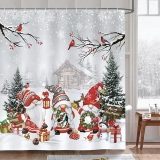 Bonhause Duschvorhang Weihnachten Wichtel Xmas Weihnachtsbaum Winter Duschvorhänge 180 x 180 cm Anti-Schimmel Wasserdicht Polyester Stoff Waschbar Bad Vorhäng für Badzimmer mit 12 Haken
