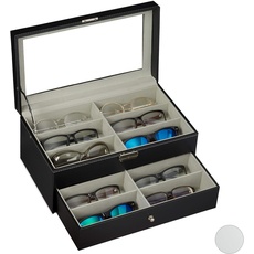 Bild Brillenbox 12 Brillen, Aufbewahrung Sonnenbrillen, HBT: 15,5x33,5x19,5 cm, Kunstleder Brillenkoffer, schwarz