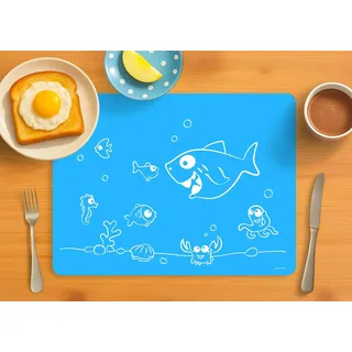 Dinomio Tischmatte, Platzdeckchen für Schule, Platzset, Kleckermatte, Bastelmatte aus Silikon für Kinder, Platzmatte blau Fische - rutschfest & abwischbar, 40 x 30 cm
