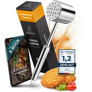 Brendo Premium Fleischklopfer aus Massiven Edelstahl I Doppelseitig mit Flacher & zackiger Schlagfläche für alle Fleischsorten I + E-Book Rezept I Spülmaschinenfest I Schnitzelklopfer