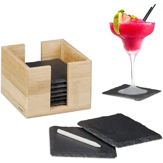 Relaxdays Schiefer Untersetzer im 8er Set, Glasuntersetzer mit Bambusbox, Kreide zum Beschriften, eckig, 10x10 cm, natur, Anthrazit, Hellbraun