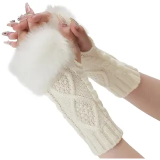 CABODYALS 2 Paar Weiße Pelzige Fingerlose Handschuhe Armstulpen Flauschige Winter Strickhandschuhe Weiches Daumenloch Mit Kunstpelz Handgelenkwärmer Strick Häkelhandschuhe Fäustlinge Für Frauen Unisex