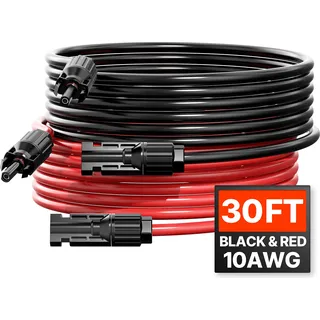 Vevor 9,14 m Solarkabel, Verlängerungskabel 2er-Set, 10AWG Kabel mit wasserdichten Buchsen- & Steckeranschlüssen, PV-Kabel Schwarz + Rot - Schwarz, Rot