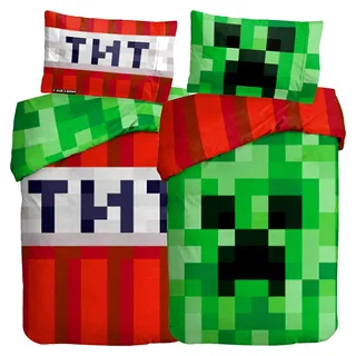 Minecraft Bettwäsche Creeper TNT 135x200 cm + 80x80 cm 100% Baumwolle Biber/Flanell Wendemotiv für Kinder
