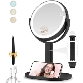 MOMOKUBA Kosmetikspiegel mit Beleuchtung, Vergrößerungsspiegel mit Licht 20fach, Kosmetikspiegel mit Vergrößerung 7", Doppelseitig 3 Farben 64 Led, Schminkspiegel mit Beleuchtung 360° Drehbar, Schwarz