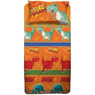 hermet Dinosaurier, Bettwäsche-Set für Einzelbett, Einzelbett, Bettlaken, Spannbettlaken, Kissenbezug, 100% Baumwolle, Orange