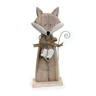 Deko Figur Fuchs mit Herz 29 cm, Holz Braun, weiß gekalkt Landhausstil, Tierfigur Herbstdekoration Winter