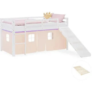 Homestyle4u Hochbett 90/200 cm in weiß Rutsche Bettvorhang peach Lattenrost , Textil , Kiefer , 90x200 cm , Babymöbel & Kindermöbel, Kinderzimmer & Jugendzimmer, Kinderbetten, Hochbetten