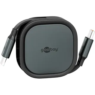 goobay Selbstaufrollendes USB-C-Kabel, 1 m, Flachkabel, 5 Längenstufen, 480 Mbits, 57 W, 3 A - Farbe: schwarz / silber - Schwarz