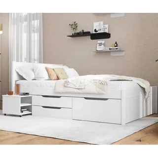 Inter Link - Bett mit Schubladen - Doppelbett 140x200 cm – Kojenbett mit Stauraum – Kiefer massivholz – 2 Schubladen und 1 Schubkasten – Inkl Lattenrost – Weiß lackiert – Efetivo 140x200cm