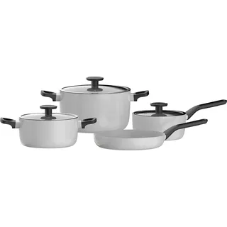 BergHOFF Leo 7-teiliges Pfannenset, antihaftbeschichtet, induktion, weiß, recycled Aluminium, Keramikbeschichtung, mit Glasdeckeln, Cool-Touch-Griffe - Weiß
