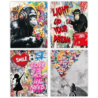 GOMAKERER 4 Stück Dekoratives Wandposter, Graffiti Street Banksy Bilder Leinwand Poster Banksy Art Wandbilder Wandkunst Für Wohnzimmer Schlafzimmer Dekorationen Ungerahmt, 35x28cm