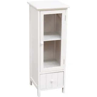 MIMBRE NATURAL Kleines Regal, 1 Schublade, weißes Holzregal mit Glasschrank und Einer Schublade mit vertikalen Linien, ideal für die Dekoration des Badezimmers zu Hause, 31 x 29 x 83 cm