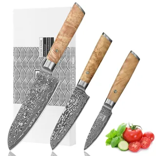 Zayiko Kinone 3er Damastmesser-Set I 8-17 cm Klingen I Wurzelholzgriffe Birke