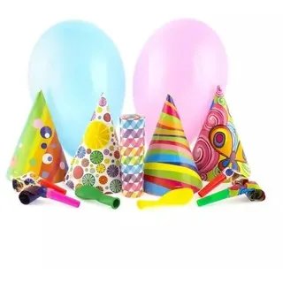 Partyset: Hut, Spiralschlauchpfeifen, Luftballons und Girlande
