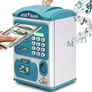 Spardose Kinder,Elektronische Spardose Kinder mit Fingerabdruck & Passwort | ATM Geldautomat Sparschwein für Jungen & Mädchen,Kindertresor mit Automatischem Geldeinzug&Fingerabdruckschutz,Musik(Blau)