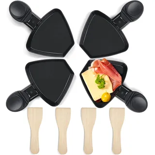 HengBO Raclette Pfännchen Set 4 Stück Mini Antihaftbeschichtet Raclette Pfännchen Ersatz mit 4 Holz Raclette Schaber für Bereitstellung von Raclette Käse Eiern Service (Schwarz)