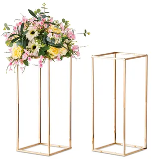 Sziqiqi 2 Stück Gold Vasen für Hochzeit Herzstück Tische, Metall Blumenboden Vase Säule Blumenständer Hohe Geometrische Blumenvase, Rechteckige Blumen Display Rack für Zuhause Party Hochzeit, 60cm