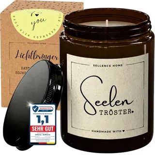 LICHTBRINGER Trauerkerze mit Spruch SEELENTRÖSTER | Trauergeschenk | Beileidsgeschenk | Gedenkkerze | Geschenk für Trauernde | 70 Std Brenndauer | Bergamotte-Zedernholz
