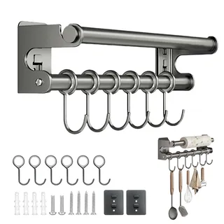 lemgyiamz Küchenrollenhalter Wand, Hakenleiste Küche, Küchenrolle Halterung, Küchenleiste mit 6 Haken, Küchereling Bohrbarer, Hakenleiste Edelstahl Rollenhalter Küchenhaken, 30cm, Grau