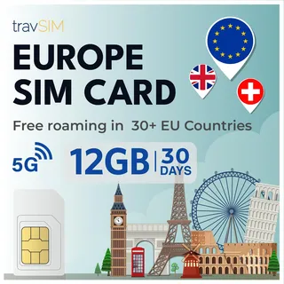 travSIM Europe SIM-Karte bietet 12 GB Daten mit 4G/5G, unbegrenzte Anrufe und kann in Großbritannien, der Schweiz und über 30 EU-Ländern genutzt Werden. Der Plan ist 30 Tage lang gültig.