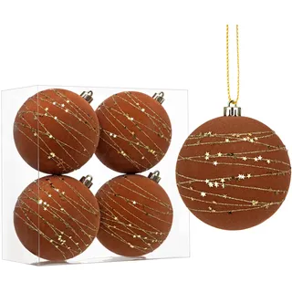 Hollyone 10cm Große Weihnachtskugeln aus Samt Braun, 4PCS Flockige Christbaumkugeln mit Glitzer, Bruchsicherer Hängende Ornamente für Weihnachtsbaum Feiertage Party Weihnachtsdeko