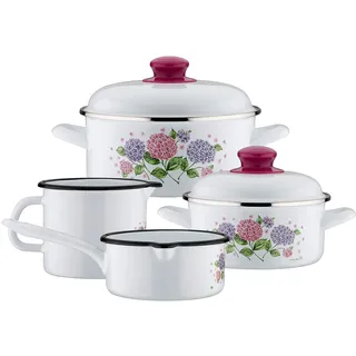 Kochtopf-Set Hortensie 6-teilig, Stahl-Emaille, Kunststoff, weiß - Weiß
