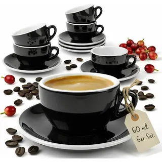 MUVELL 6x Espressotassen | Schwarz | Italian Style | dickwandig & schwer | spülmaschinenfest | Espresso 6er Set mit Untertassen - Geschenkset