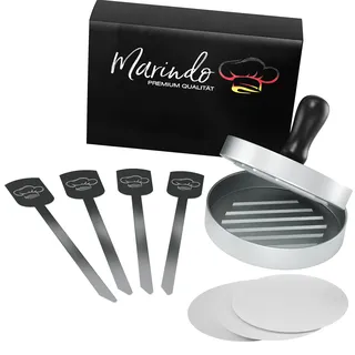 Marindo Burgerpresse Aluminium | Ø 12cm | Burgerpresse, 4X Burgerspieße & 60 Blatt Trennpapier | Anti Haft Hamburgerpresse, Burger Pattie Presse, Patty Former, Burgerpresse Set