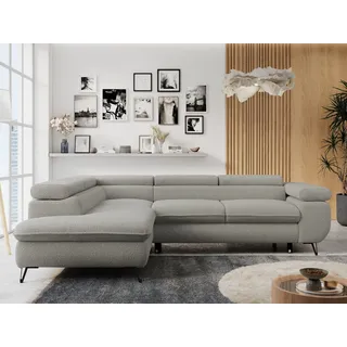MKS Meble Ecksofa Sofa Grau, Wohnlandschaft L-Form mit Schlaffunktion und Bettkasten, Schlafsofa mit Bettkasten, Sofa mit Einstellbare Kopfstützen, Peter L - Hellgrau Boucle - Links Grau - Grau