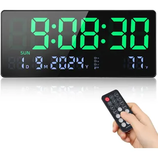 Fuloon Digitale Wanduhr, 15,5" Groß LED Wanduhr Digital, Kalender Wanduhren mit Sekunden,Temperatur, Datum, Woche, Digital Wand Uhr Tischuhr mit Standfuß für Wohnzimmer Küche Büro