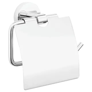 Tesa Toilettenpapierhalter mit Deckel, verchromt - zur Wandbefestigung ohne Bohren, inkl. Klebelösung - 138mm x 140mm x 52mm