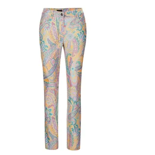 Chinohose GOLDNER "Elegante Hose LOUISA mit Paisley-Muster", Damen, Gr. 44, N-Gr, lila (flieder, graugrün, gemustert), Obermaterial: 68% Baumwolle CO. 29% Polyester PES. 3% Elasthan EL., Hosen Chinohose