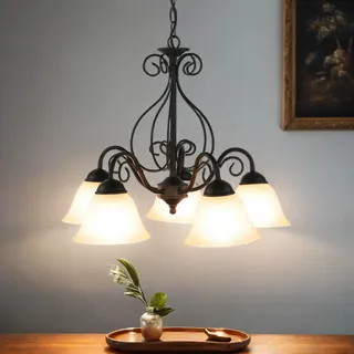 Licht-Erlebnisse Esstisch Pendelleuchte, Küchenlampe, Schwarz, Weiß, Landhaus, Rustikal, Glas, Metall, Ø52 cm, E14, 5-flammig, Wohnzimmer Hängelampe, Esszimmerlampe