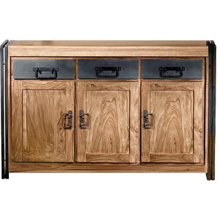 Mid.you Sideboard , Naturfarben, Schwarz , Holz, Metall , Akazie , massiv , 2 Fächer , 3 Schublade(n) Schubladen , 140x90x40 cm , Holzmöbel, Kommoden Holz, Sideboards Holz