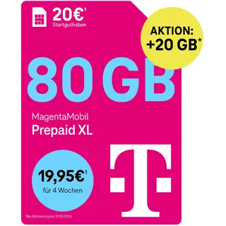 Telekom MagentaMobil Prepaid XL 100GB*+Allnet Flat,unverbr. GB weiternutzen | 5G/LTE Max | 20 EUR Startguthaben | EU Roaming & Hotspot Flat | unverbrauchtes Datenvolumen im nächsten Monat weiternutzen