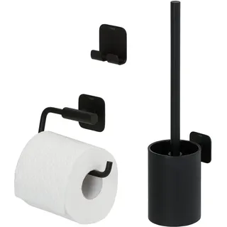 Tiger Colar Badaccessoire-Set, Edelstahl, Schwarz pulverbeschichtet, bestehend aus Toilettenpapierhalter, Haken und WC-Bürste, Montage ohne Bohren dank integrierter Klebefolie,