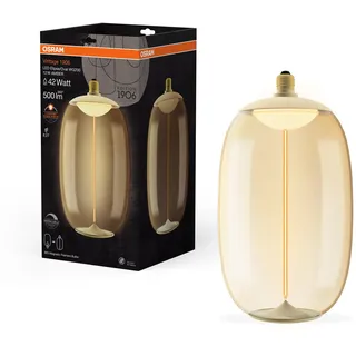 Osram Vintage 1906 Big Elipse Oval ist eine dimmbare LED-Lampe aus Kunststoff mit Filament in Ellipsenform. Sie bietet 12 W, 500 lm, E27 Fassung, Bernstein Design, 200 mm Durchmesser, CRI 80, 1800 K.