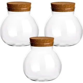 gouveo 3er Set Vorratsglas 600 ml "Kugel" aus Borosilikatglas mit Korken - Runde Vorratsdosen aus Glas mit Korkverschluss - Schönes Aufbewahrungsglas - Transparent, Braun