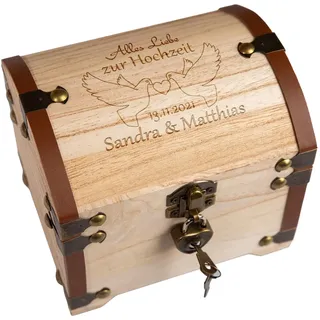 Personalisierte Schatztruhe Hochzeit | Hochzeitsgeschenke für Brautpaar Geld | Geldgeschenke Verpackung Geldscheine Münzen | Schatzkiste Spardose Holzkiste | Hölzerne Hochzeit Geschenk | Tauben