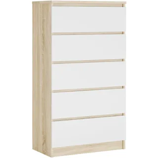 Kommode mit 5 Schubladen, Farbe: Sonoma-Eiche / Weiß, A: 70 x 125 x 39 cm - Braun, Weiß