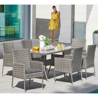 MERXX Garten-Essgruppe »Costa Rica, TOPSELLER!«, (13 tlg., 6x Sessel, 1x Tisch 140x80 cm, inkl. Sitzkissen), Polyrattan, Tischplatte aus Sicherheitsglas, Unser Dauertiefpreis, grau